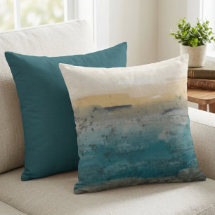 Abstract Blue and Gold Watercolor Landscape Throw Pillow