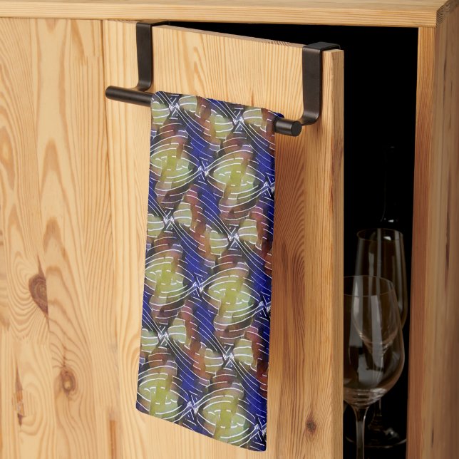 Abstract blue and gold wave geometric pattern 1299 kitchen towel (Thirds Fold)