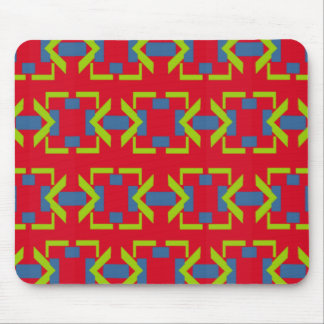 Abstract Blue and Green Arrow Pattern on Red Mouse Pad