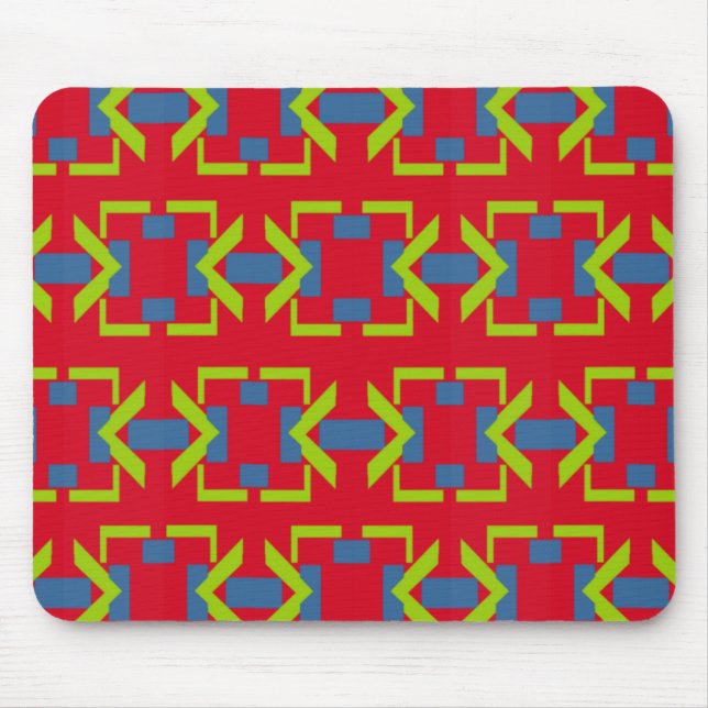 Abstract Blue and Green Arrow Pattern on Red Mouse Pad (Front)