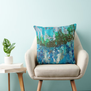 Abstract Blue and Green Textured Landscape Throw Pillow
