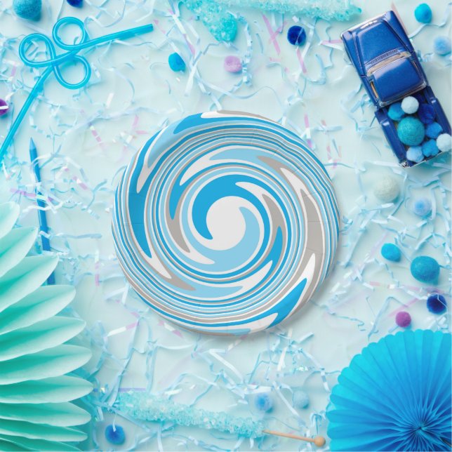 Abstract Blue and Grey Spiral Paper Plate (Party)