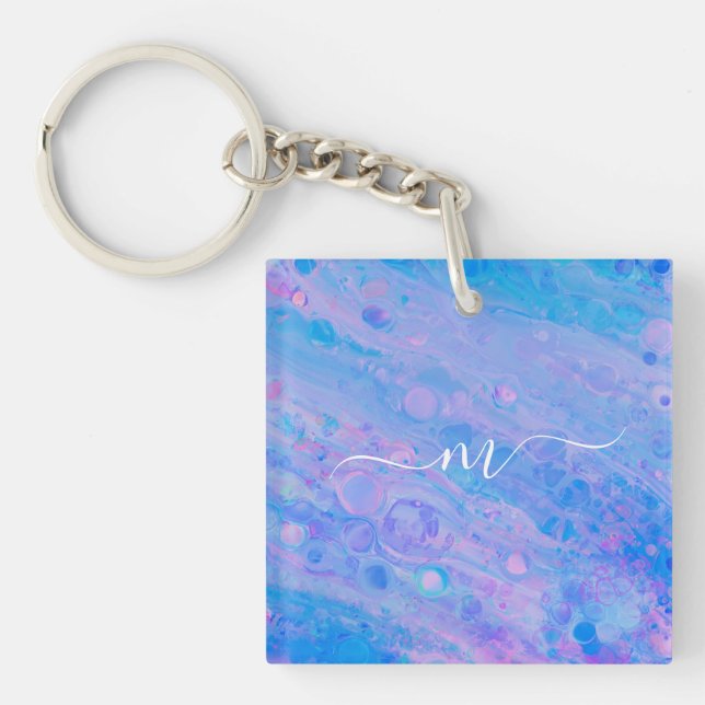 Abstract Blue and Pink Bubbly Mermaid Ocean Keychain (Front)