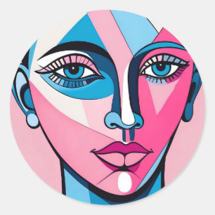 Abstract Blue and Pink Face Art Classic Round Sticker