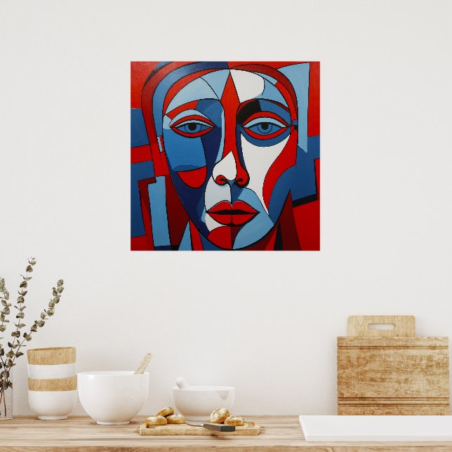Abstract Blue and Red Face Art Poster (Kitchen)