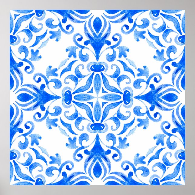 Abstract blue and white hand drawn tile seamless o poster (Front)