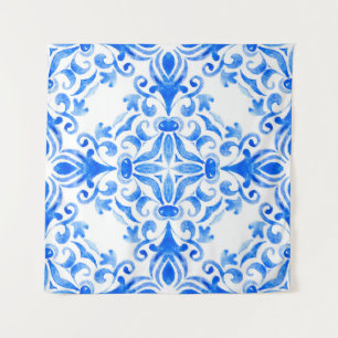 Abstract blue and white hand drawn tile seamless o tapestry
