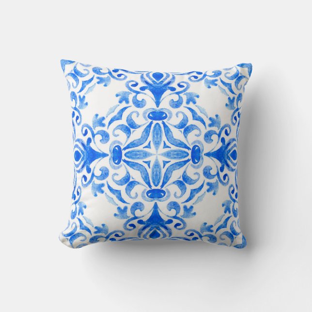 Abstract blue and white hand drawn tile seamless o throw pillow (Front)