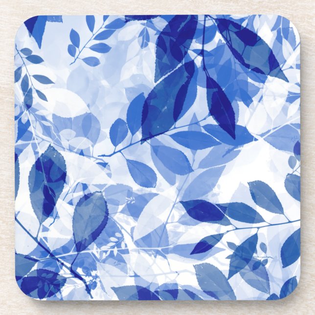 Abstract Blue and White Leaves Coaster (Front)