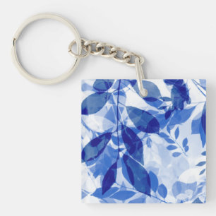 Abstract Blue and White Leaves Keychain