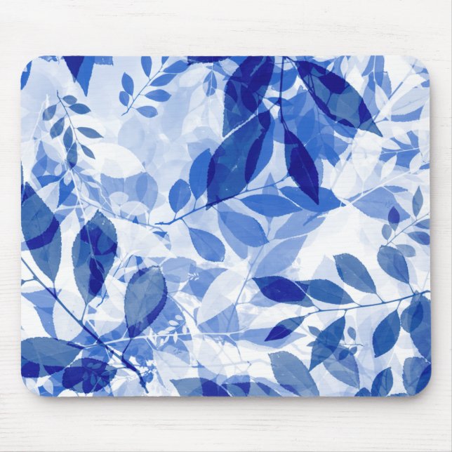 Abstract Blue and White Leaves Mouse Pad (Front)