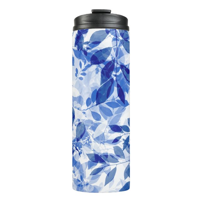 Abstract Blue and White Leaves Thermal Tumbler (Front)
