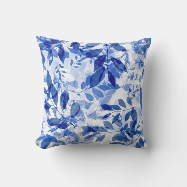 Abstract Blue and White Leaves Throw Pillow (Front)