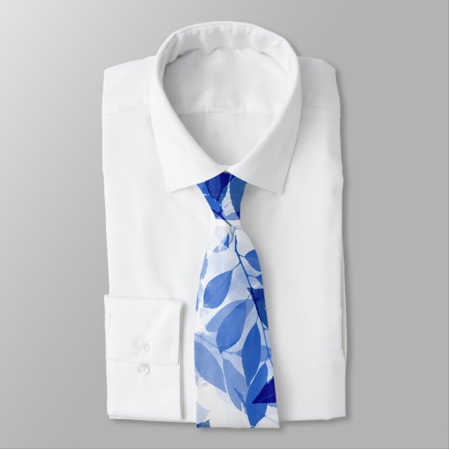 Abstract Blue and White Leaves Tie (Tied)