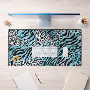 Abstract Blue Animal Print with Gold Monogram Desk Mat