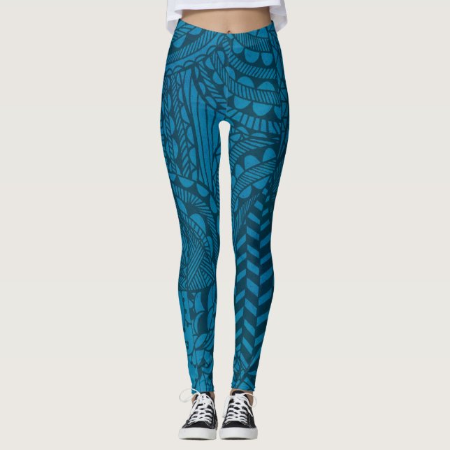 Abstract Blue Art Pattern Leggings (Front)