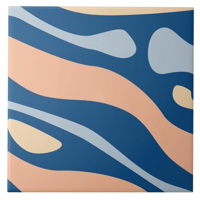 Abstract Blue Beige Peach Wavy Liquid Pattern Tile (Front)