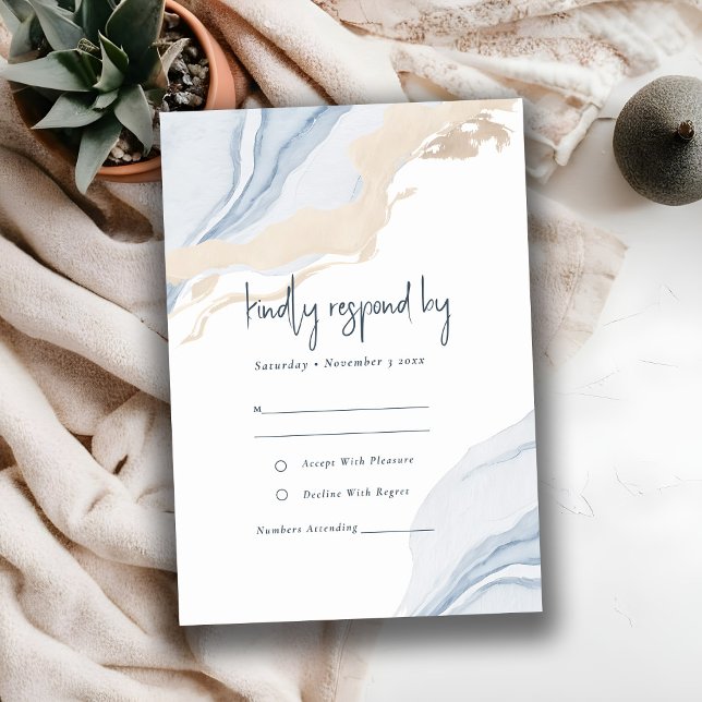 Abstract Blue Beige Sea Beach Watercolor Wedding RSVP Card (Creator Uploaded)