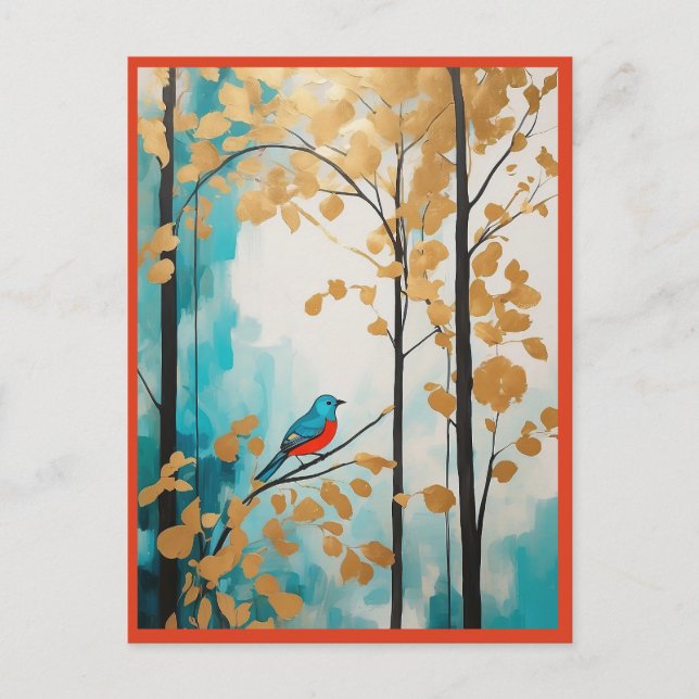 Abstract Blue Bird In Autumn Golden Leaves Forest Postcard (Front)