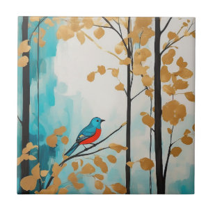 Abstract Blue Bird In Autumn Golden Leaves Forest Tile