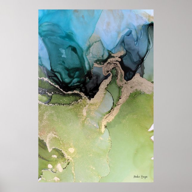 Abstract Blue Black Green Gold Poster (Front)