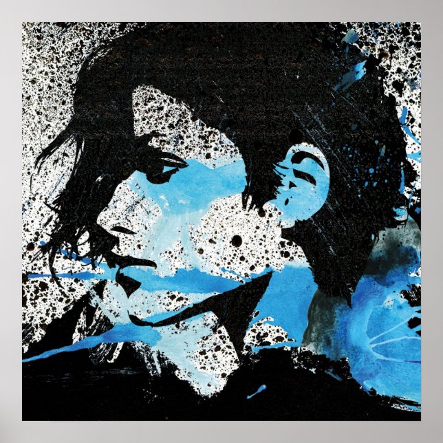 Abstract  Blue Black White Girl Watercolor Art Poster (Front)