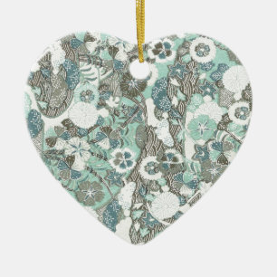 Abstract Blue Brown Flowers Ceramic Ornament