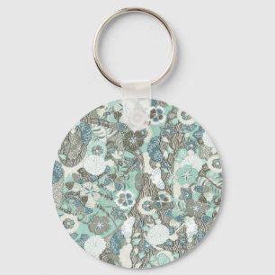 Abstract Blue Brown Flowers Keychain