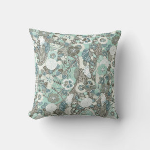Abstract Blue Brown Flowers Throw Pillow