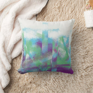 Abstract Blue City in dawn, purple green Throw Pillow