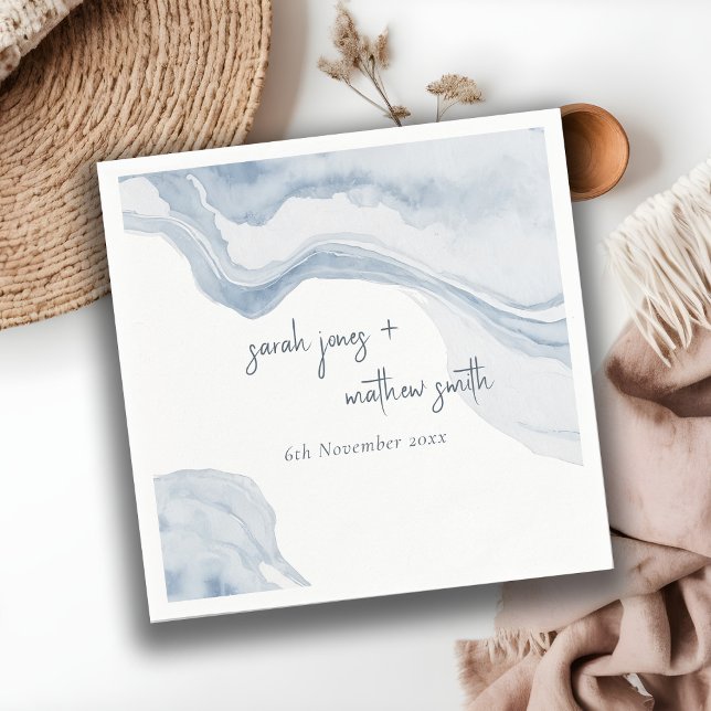 Abstract Blue Coastal Beach Watercolor Wedding Napkin (Creator Uploaded)