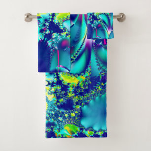 Abstract Blue Cyan Green Fractal Bath Towel Set