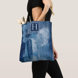 Abstract blue Cyanotype Texture artwork & Monogram Tote Bag