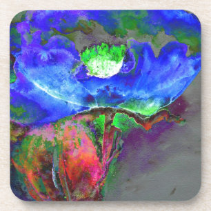 Abstract blue floral blue watercolor poppy coaster