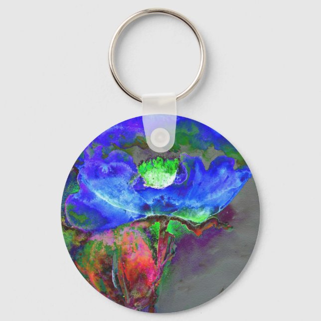 Abstract blue floral blue watercolor poppy keychain (Front)