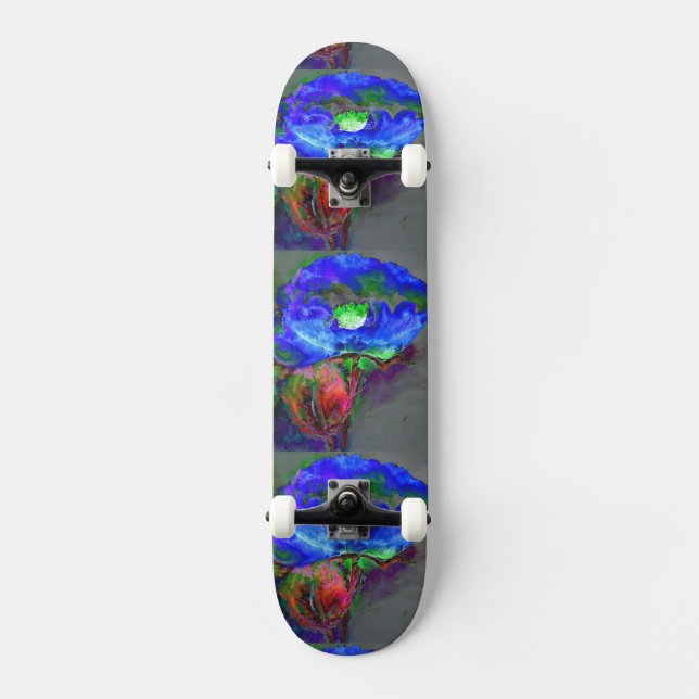 Abstract blue floral blue watercolor poppy skateboard (Front)