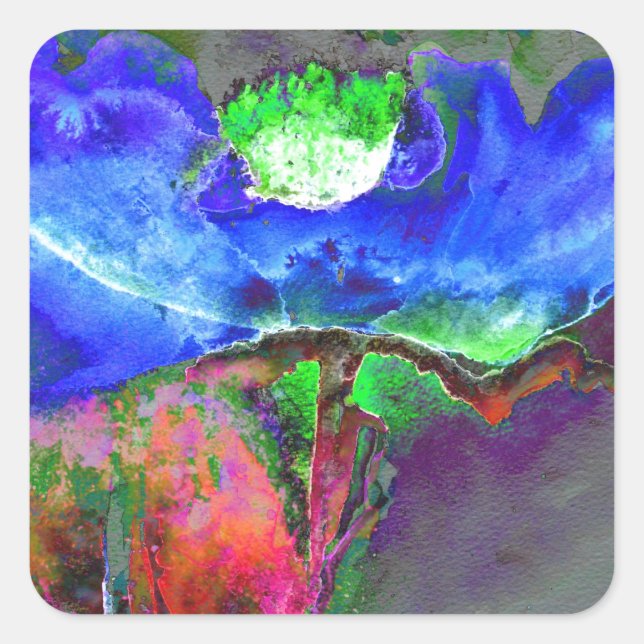 Abstract blue floral blue watercolor poppy square sticker (Front)