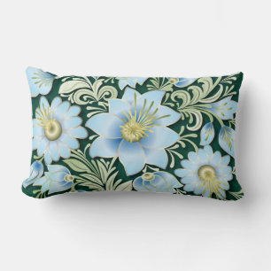 Abstract Blue Floral Ornament on Green Background Lumbar Pillow