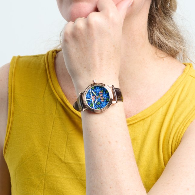 Abstract Blue Floral Pattern Watch (Wrist)