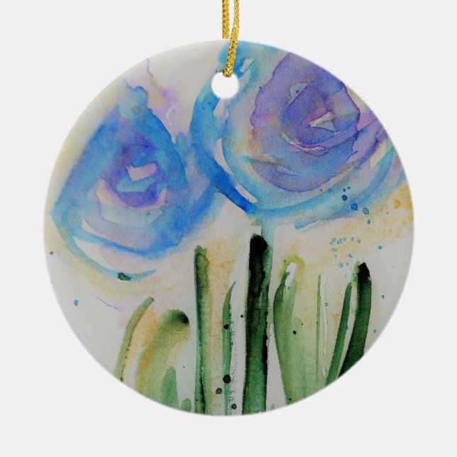 Abstract Blue Flowers Ceramic Ornament (Front)