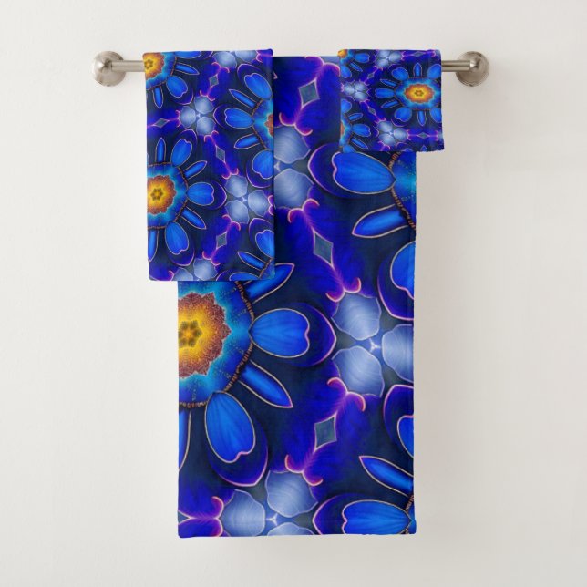 Abstract Blue Flowers Pattern Bath Towel Set (Insitu)