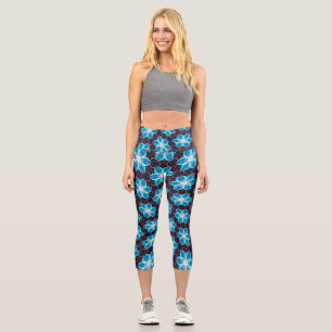 Abstract Blue Flowers Pattern Capri Leggings