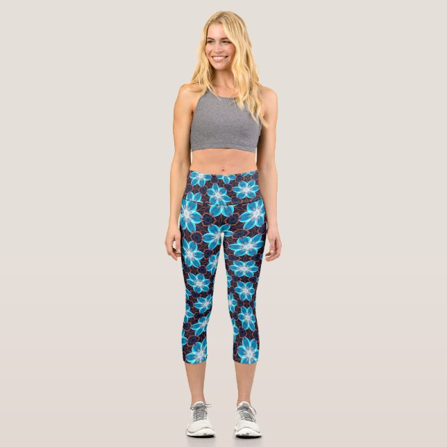 Abstract Blue Flowers Pattern Capri Leggings (Front)