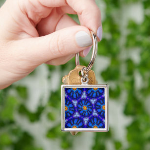 Abstract Blue Flowers Pattern Keychain