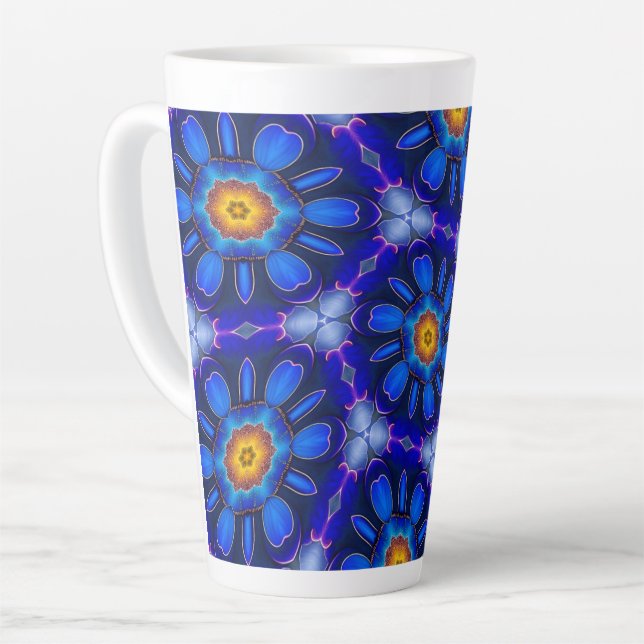 Abstract Blue Flowers Pattern Latte Mug (Left Angle)