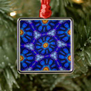 Abstract Blue Flowers Pattern Metal Ornament