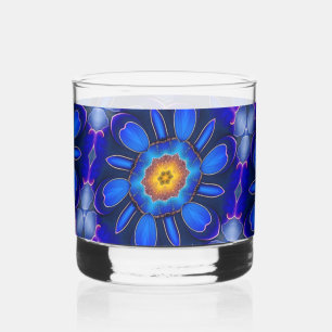 Abstract Blue Flowers Pattern Whiskey Glass