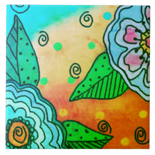 Abstract Blue Flowers Tile