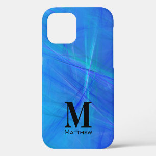 Abstract Blue Fractal Flame Black Monogram iPhone 12 Case