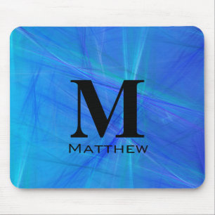 Abstract Blue Fractal Flame Black Monogram Name Mouse Pad